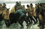 Michael Ancher fiskere i faerd med at saette en rorsbad i vandet oil